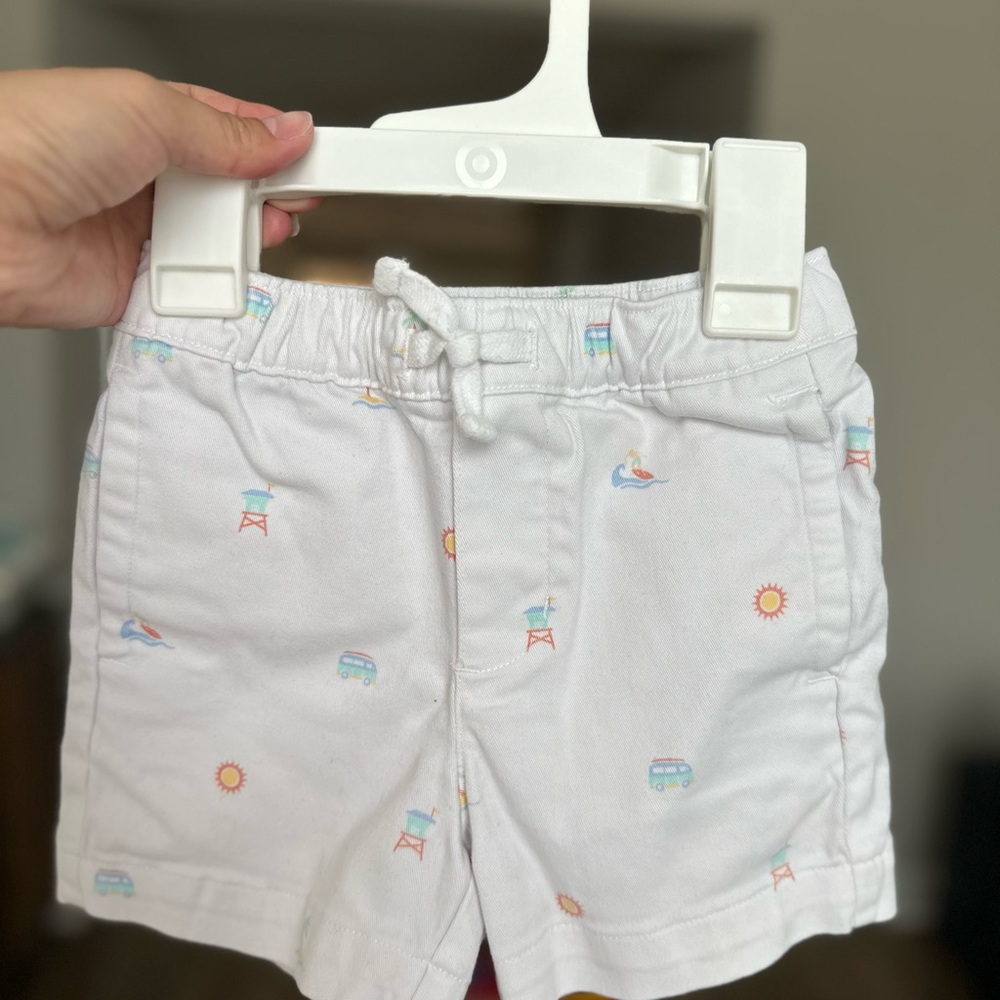 White Cotton Drawstring Shorts with Beach Print